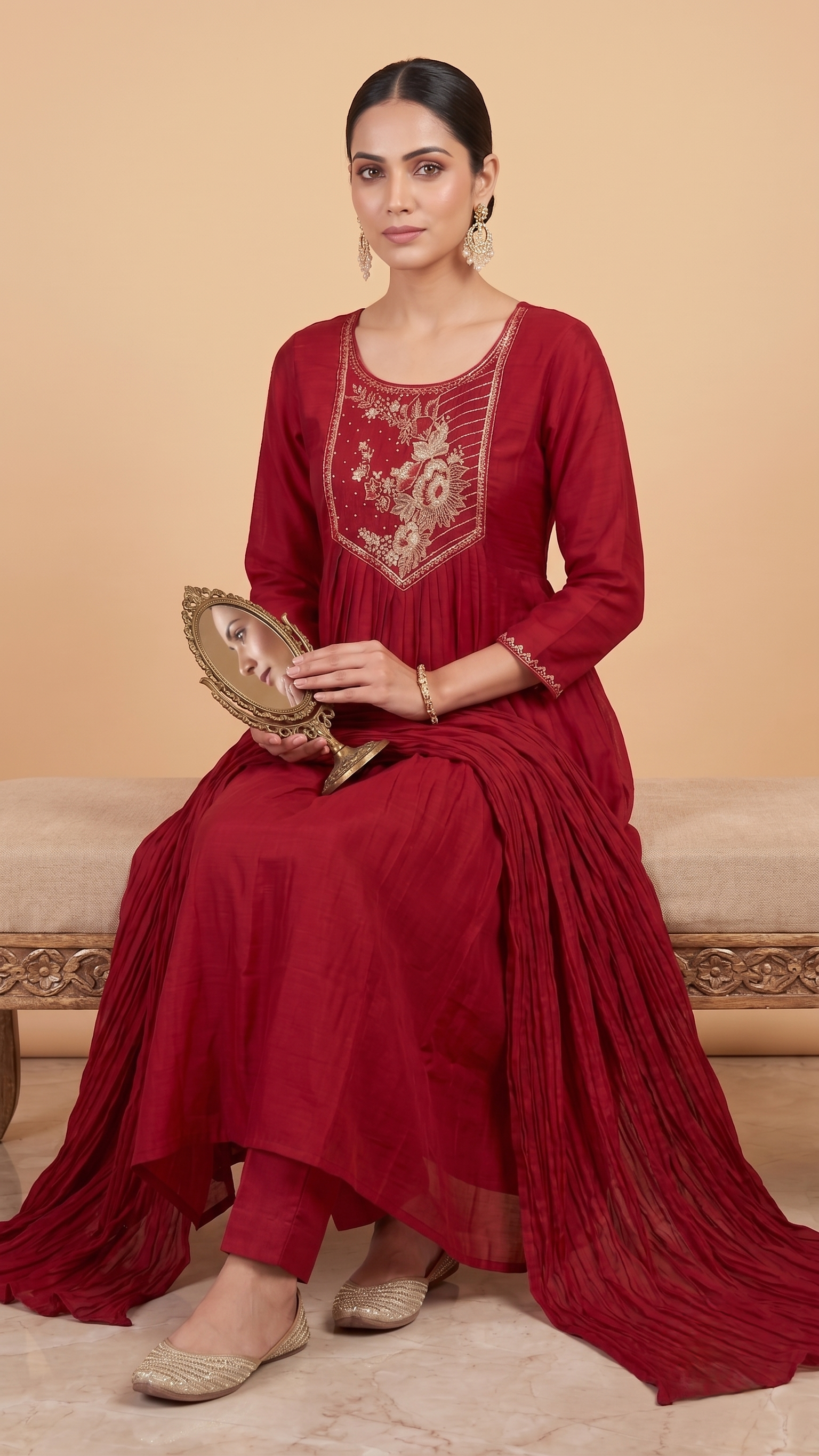 Red Chanderi Embroidery suit with dupatta - set of 3