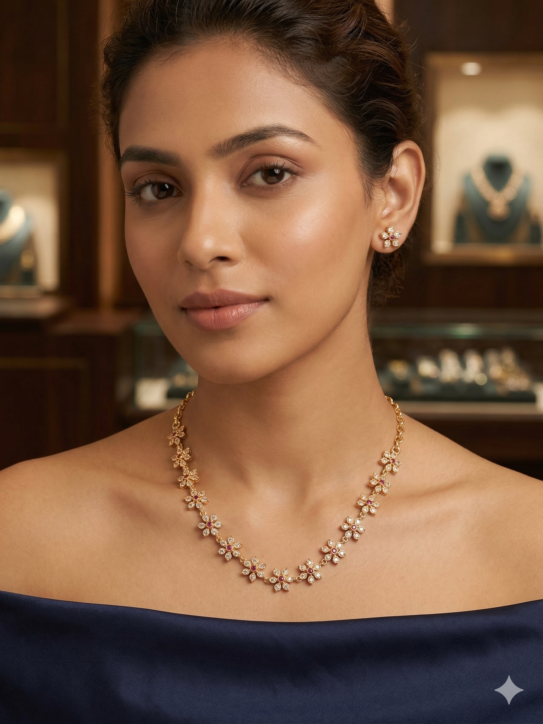 Vintage style panchaloham - Ruby floral necklace