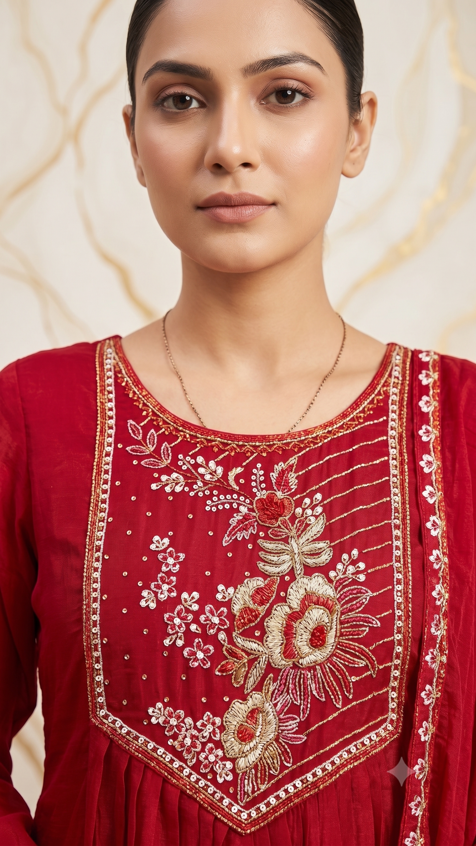Red Chanderi Embroidery suit with dupatta - set of 3