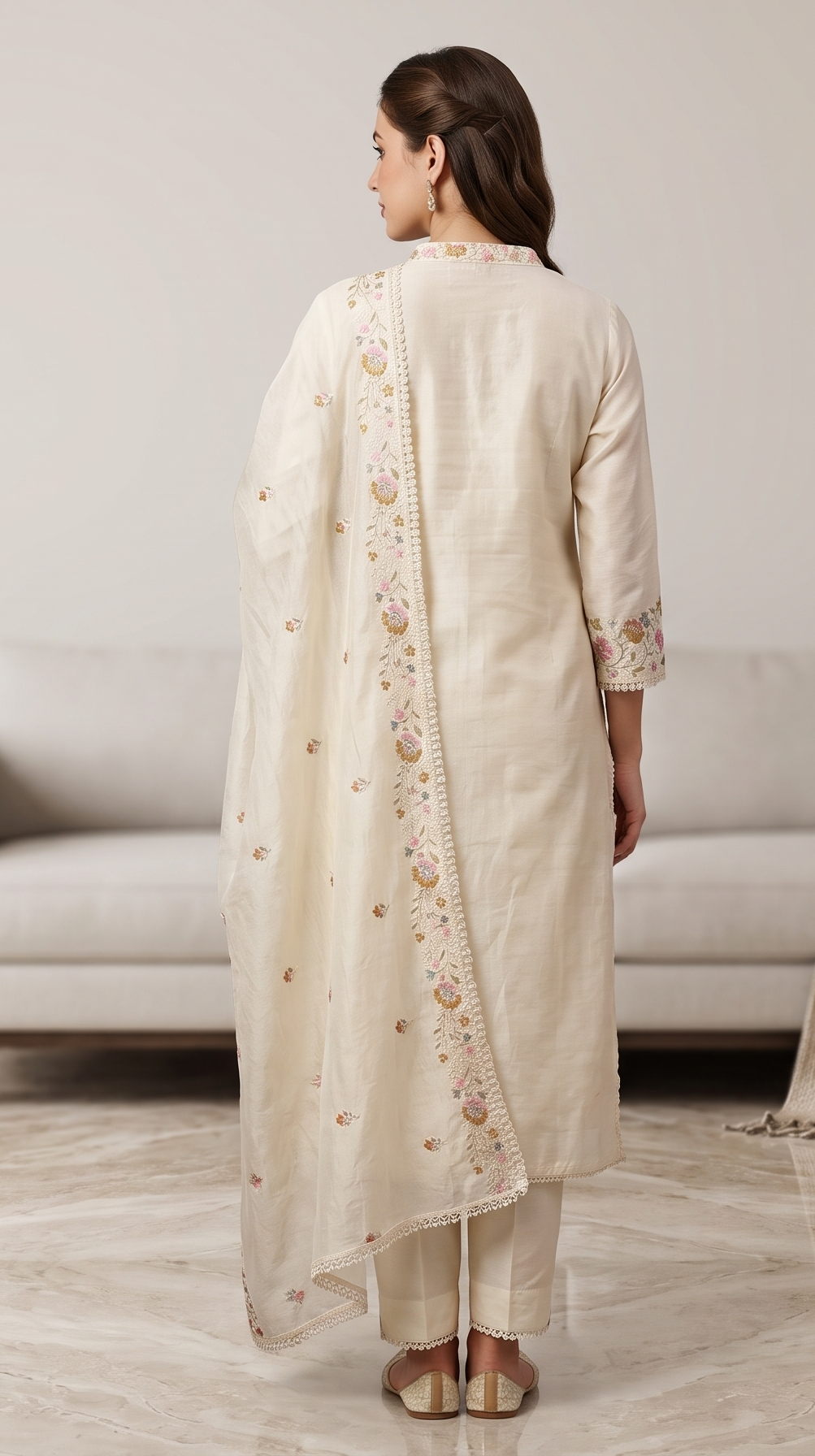 White Kadhi Embroidery suit with dupatta - set of 3