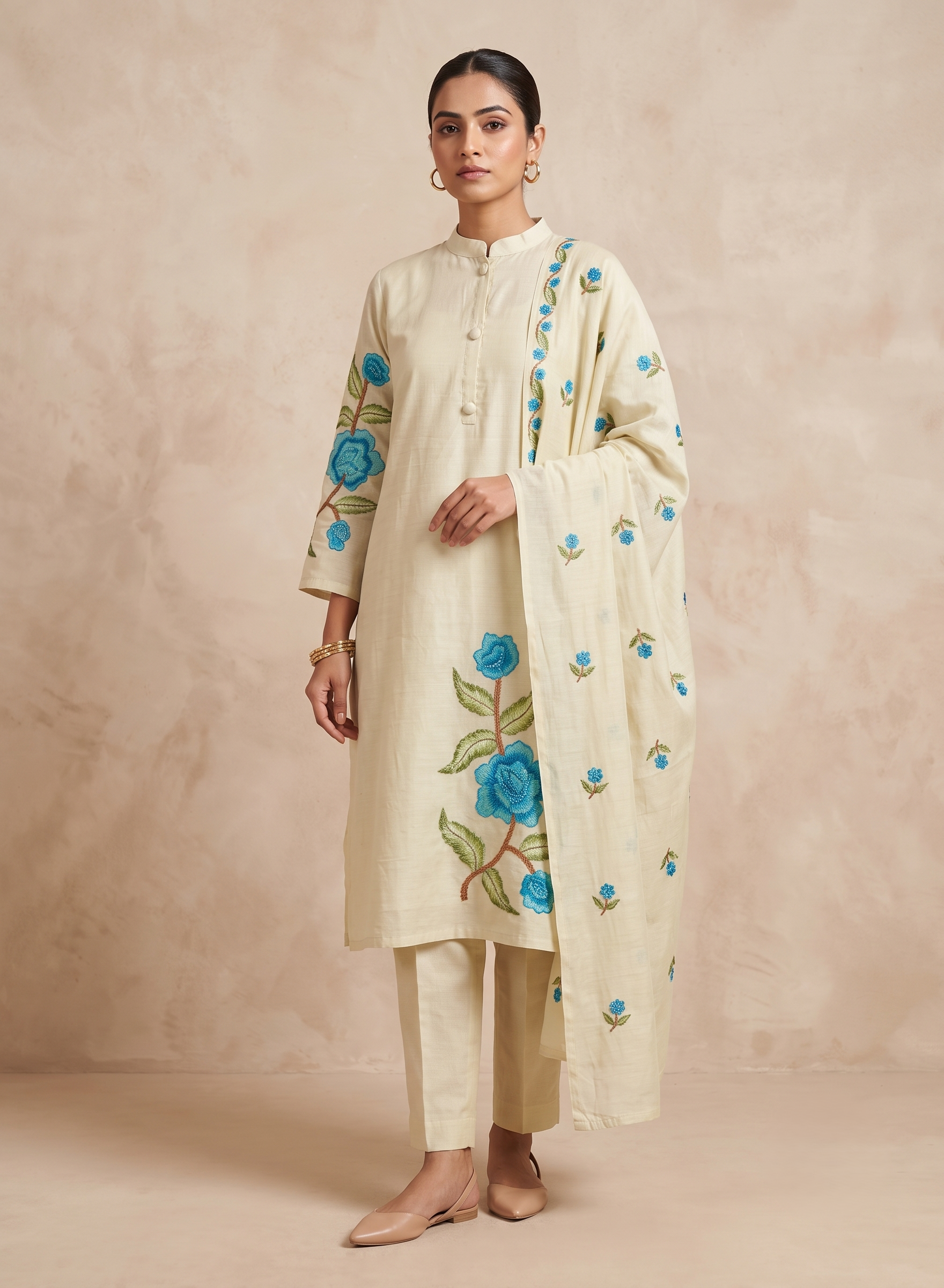 Pista Green Floral Mul Chanderi Suit with Dupatta - Set of 3