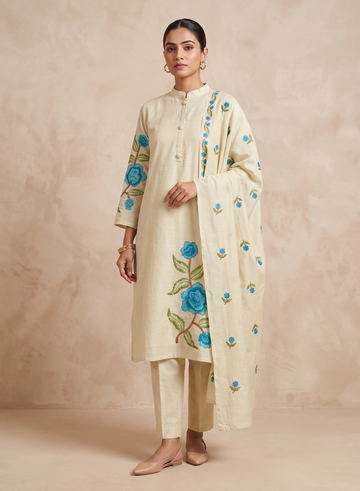Pista Green Floral Mul Chanderi Suit with Dupatta - Set of 3