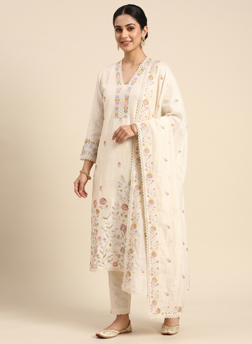 White Kadhi Embroidery suit with dupatta - set of 3
