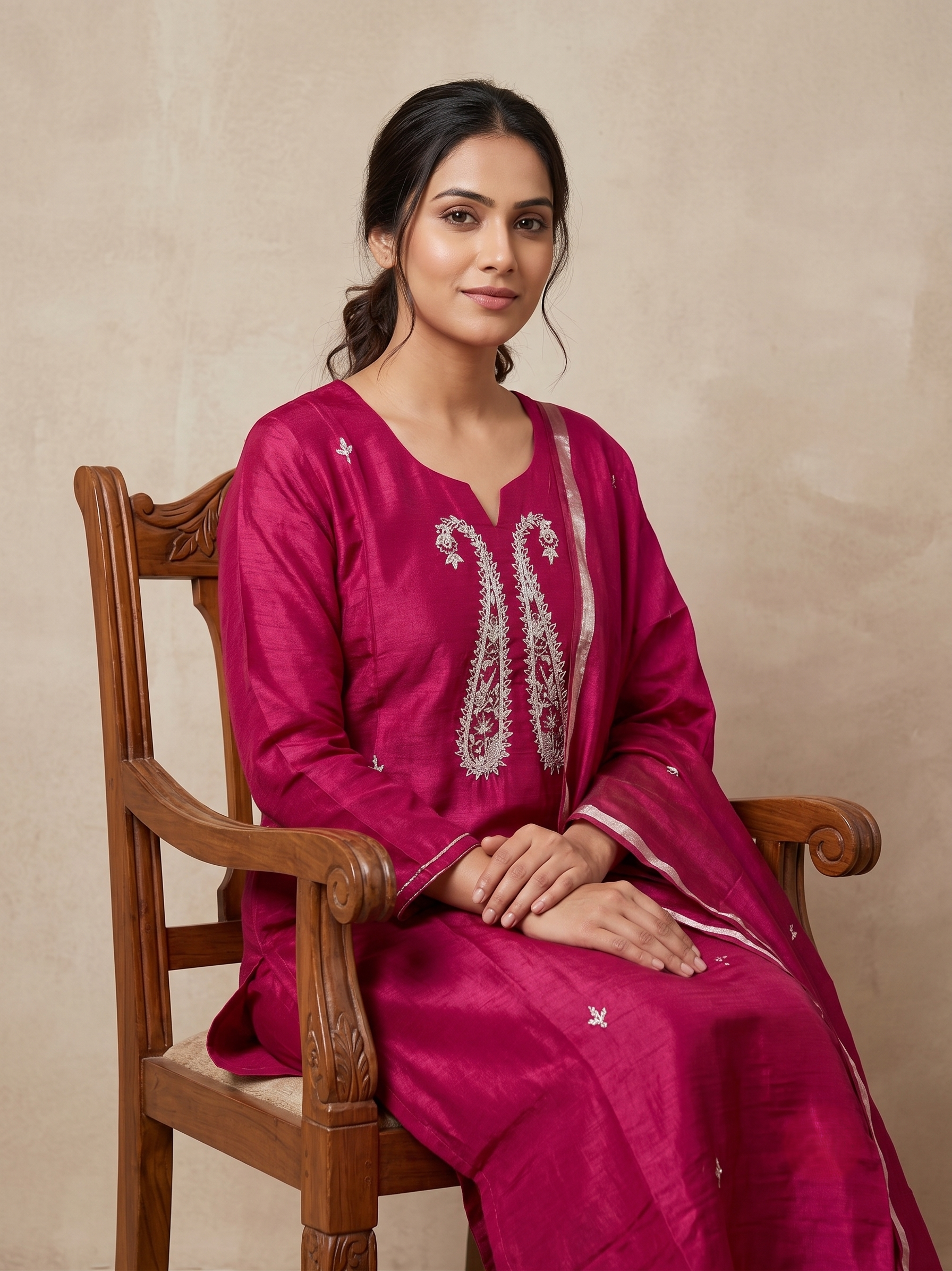 Rani Pink Chanderi Suit with Paisley twin design and Dupatta - Set of 3