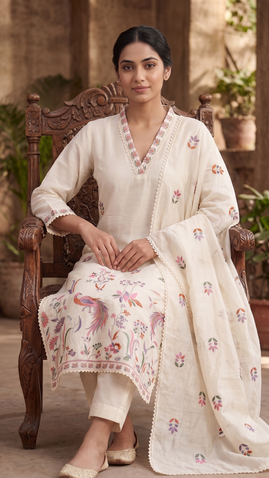White Embroidered Cotton Suit with Dupatta - Set of 3