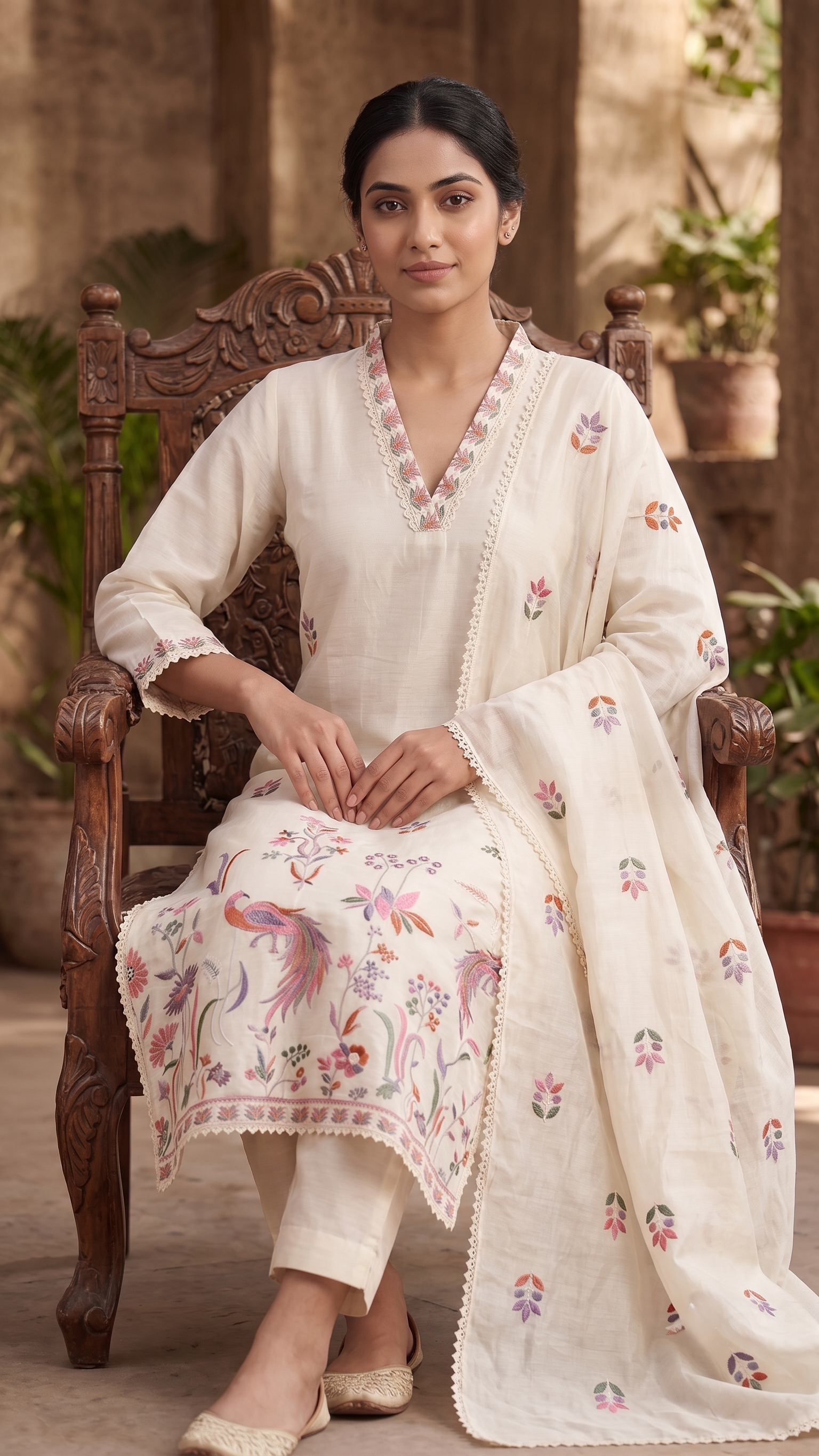 White Embroidered Cotton Suit with Dupatta - Set of 3