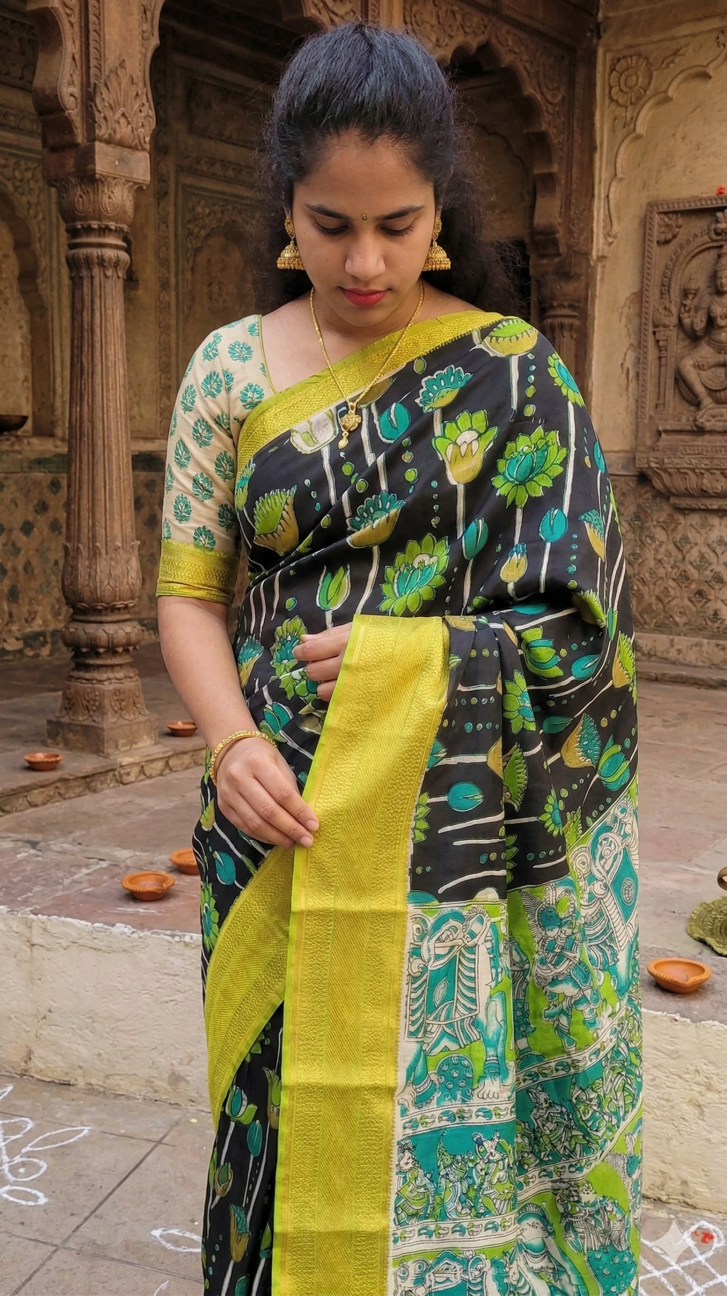 Kalamkari Mangalagiri silk Kanchi border saree- green lotus