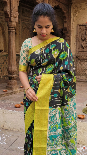 Kalamkari Mangalagiri silk Kanchi border saree- green lotus