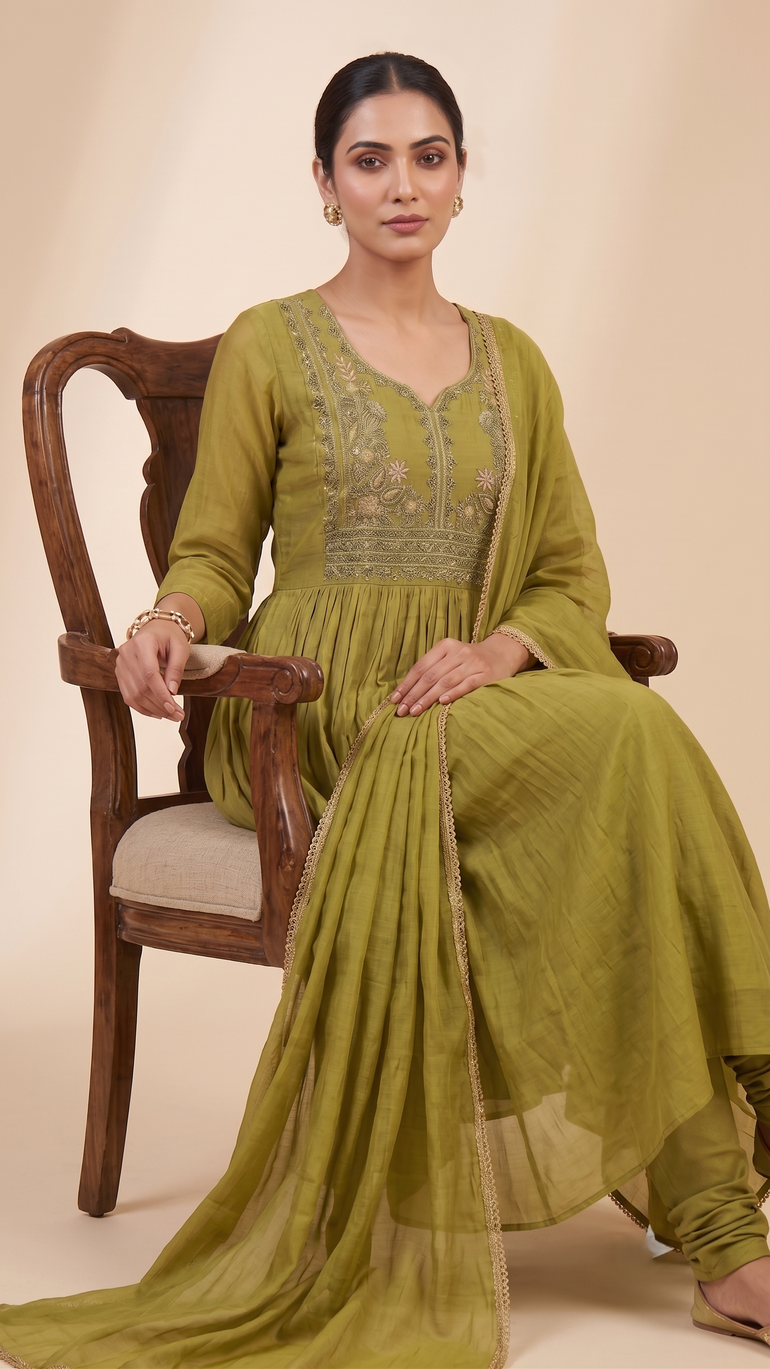 Olive Green Chanderi Floral Embroidery Anarkali suit-set of 3