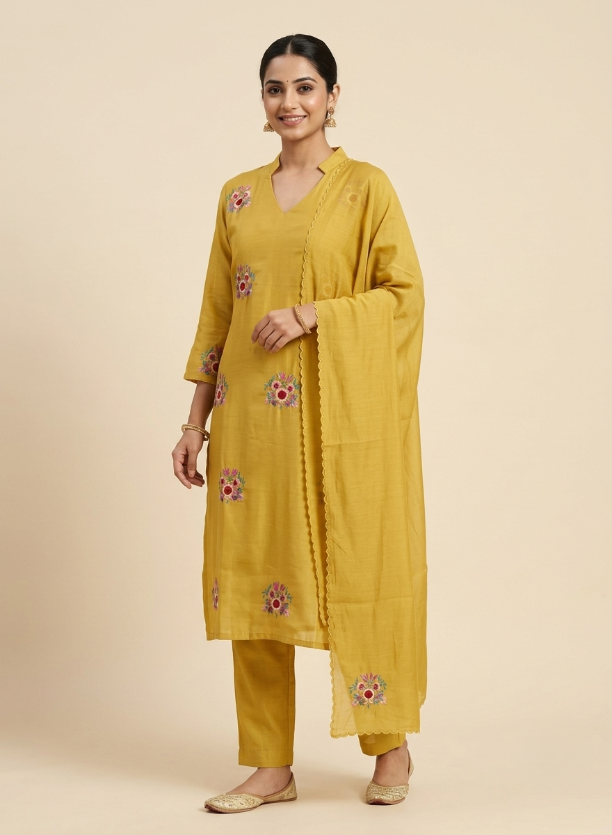 Yellow Embroidered Cotton Suit with Dupatta - Set of 3