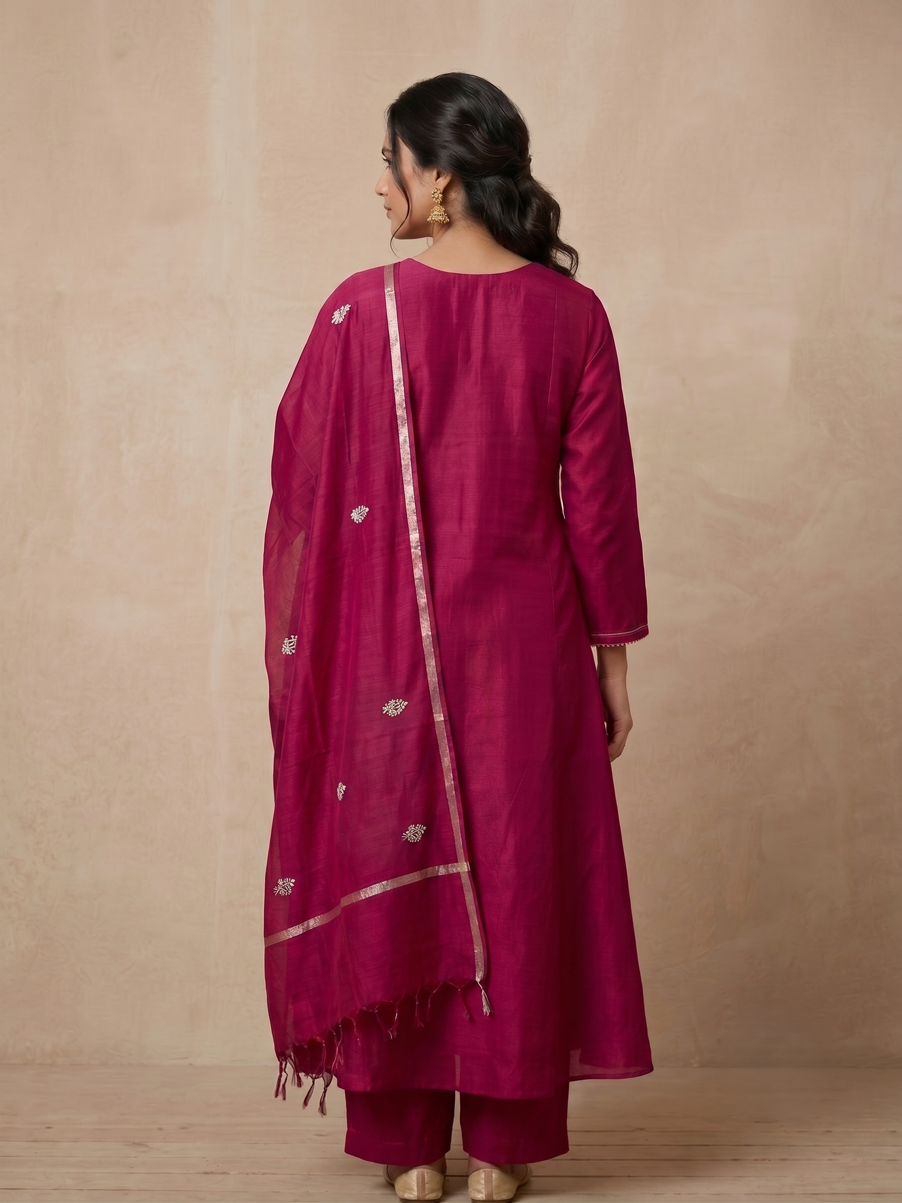Rani Pink Chanderi Suit with Paisley twin design and Dupatta - Set of 3