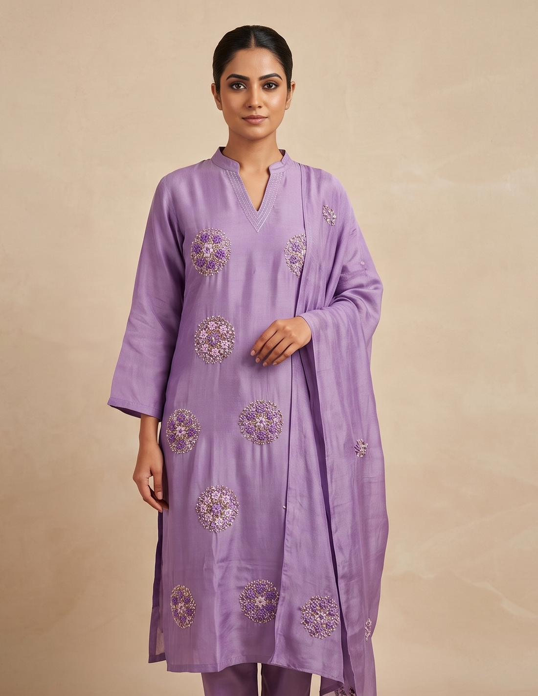 Purple Hand Embroidery Chanderi Suit with Dupatta - Set of 3