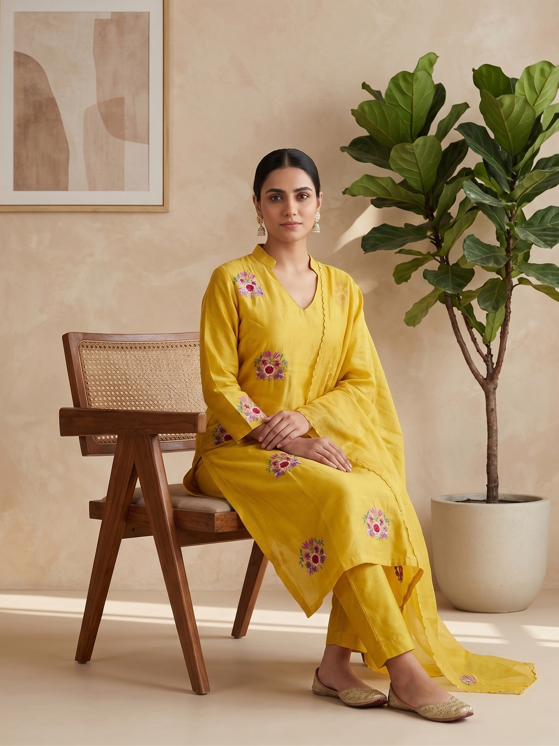Yellow Embroidered Cotton Suit with Dupatta - Set of 3