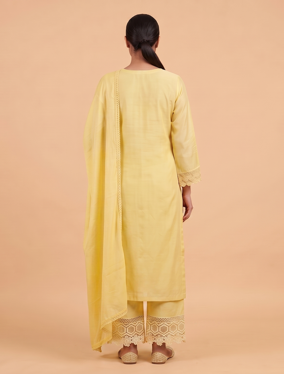 Yellow Floral Patch work Cotton Suit with Dupatta - Set of 3