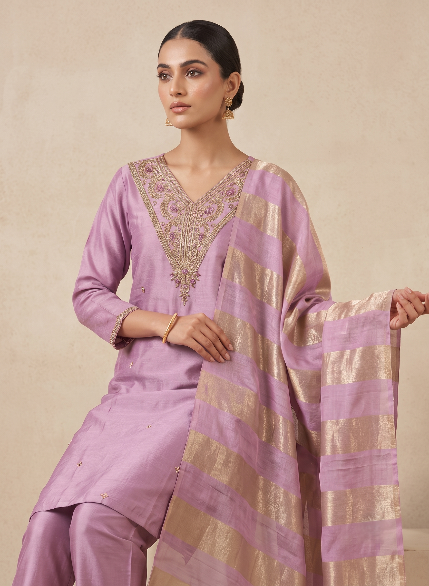 Lavendar Zardozi and Pearl Embroidery Chanderi Suit with Dupatta - Set of 3