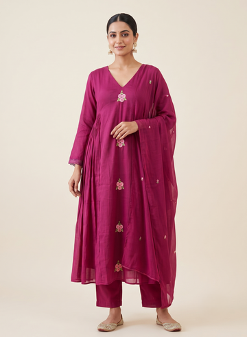 Wine Chanderi Floral Embroidery suit with dupatta - set of 3