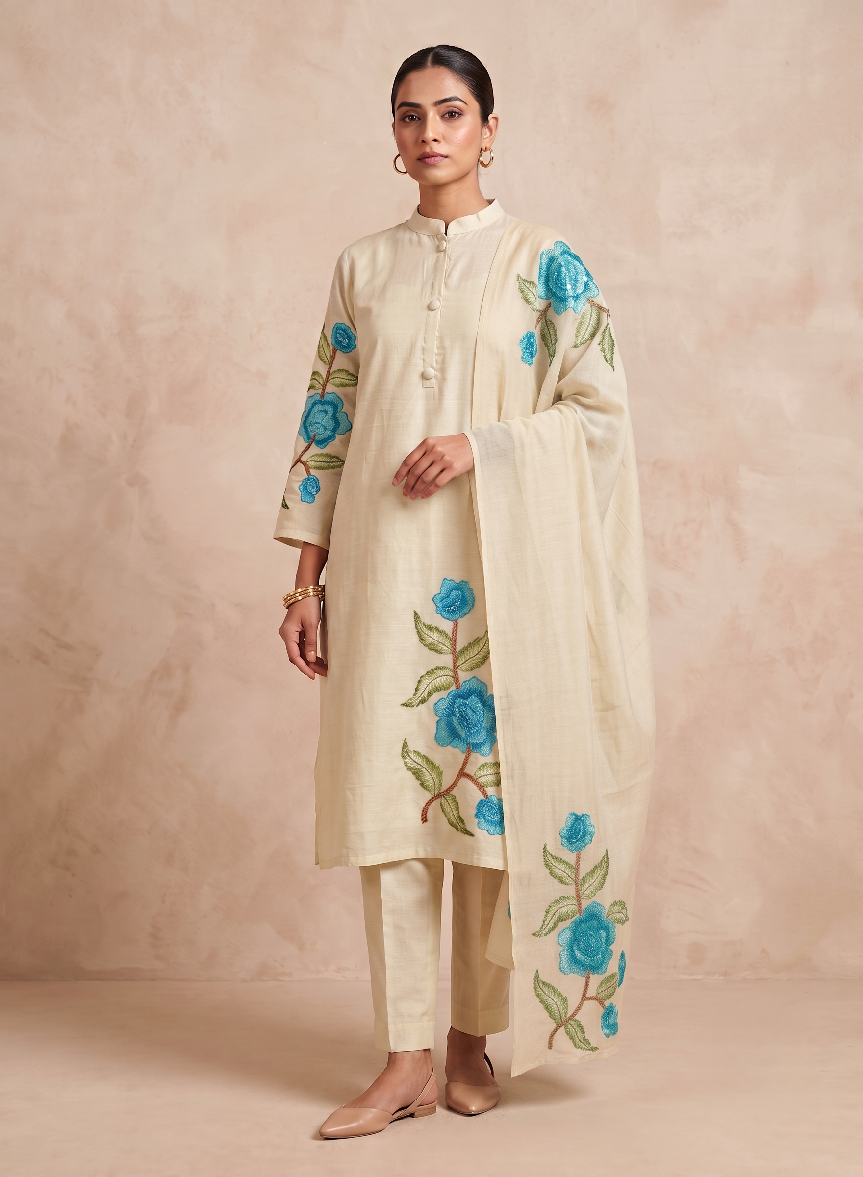 Pista Green Floral Mul Chanderi Suit with Dupatta - Set of 3