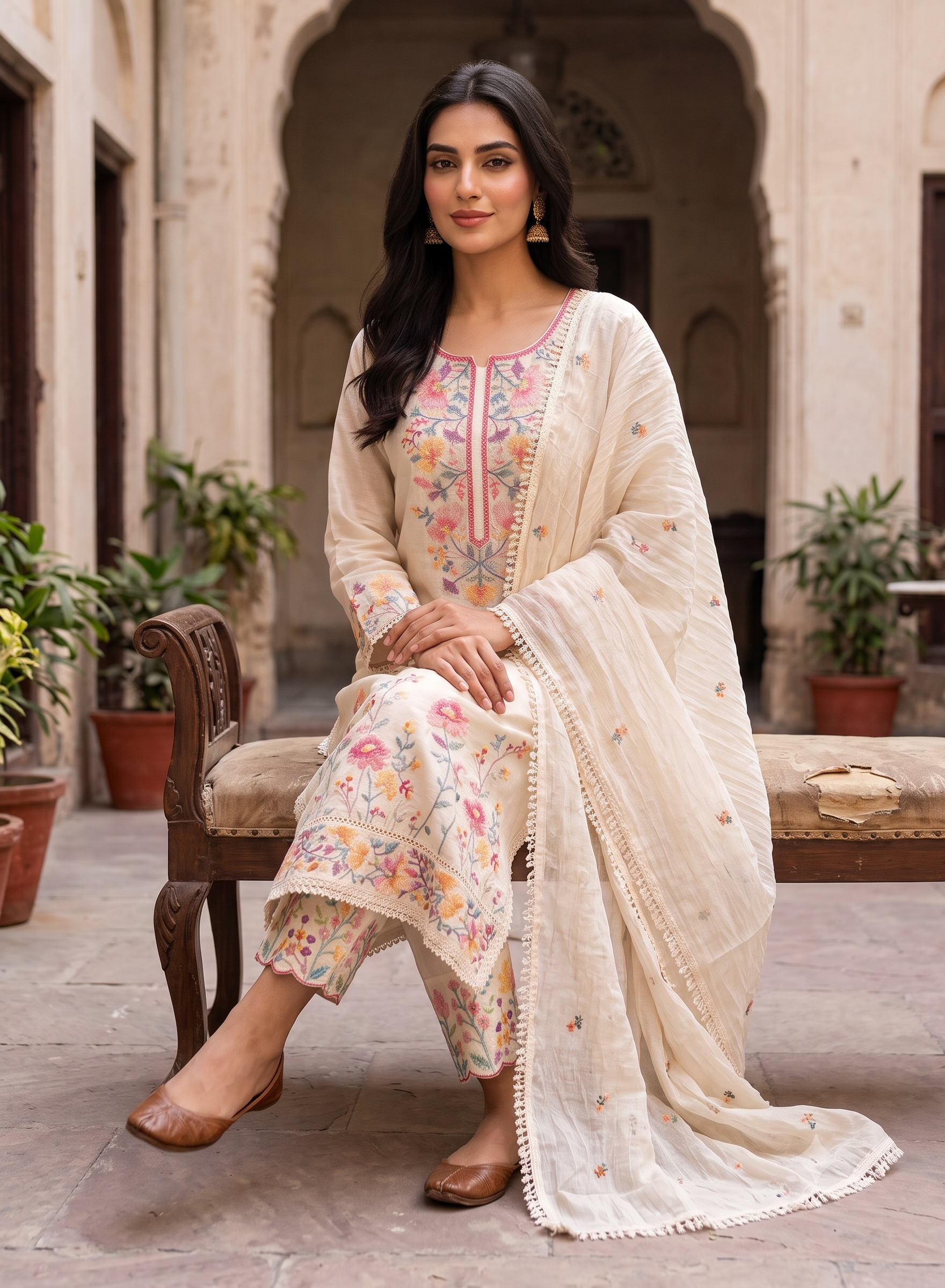 White Kadhi Suit Embroidery with Dupatta - Set of 3