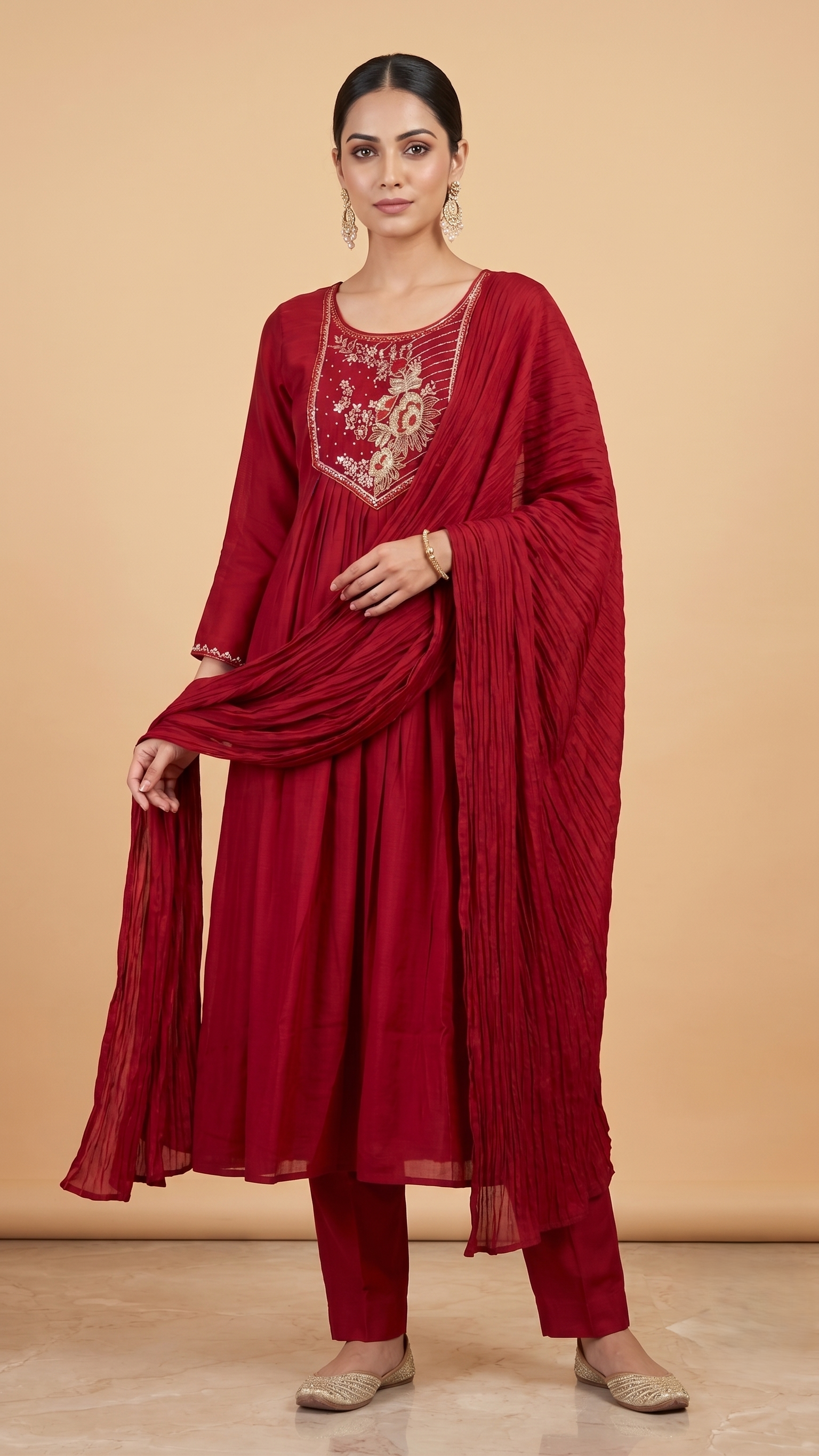Red Chanderi Embroidery suit with dupatta - set of 3