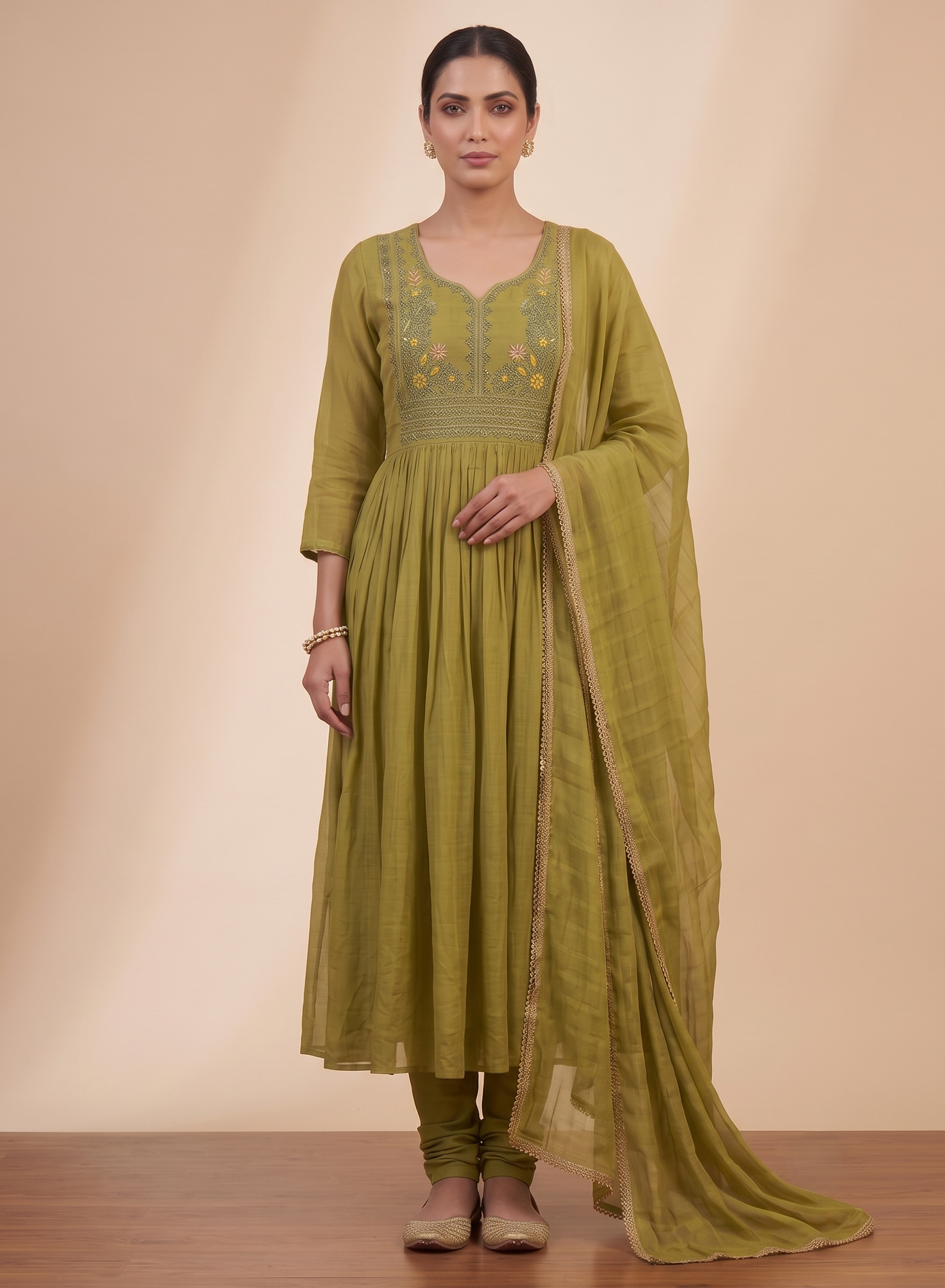 Olive Green Chanderi Floral Embroidery Anarkali suit-set of 3
