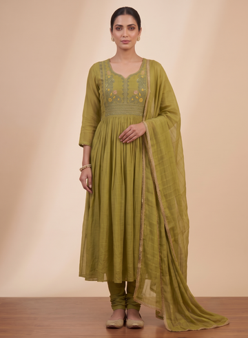 Olive Green Chanderi Floral Embroidery Anarkali suit-set of 3