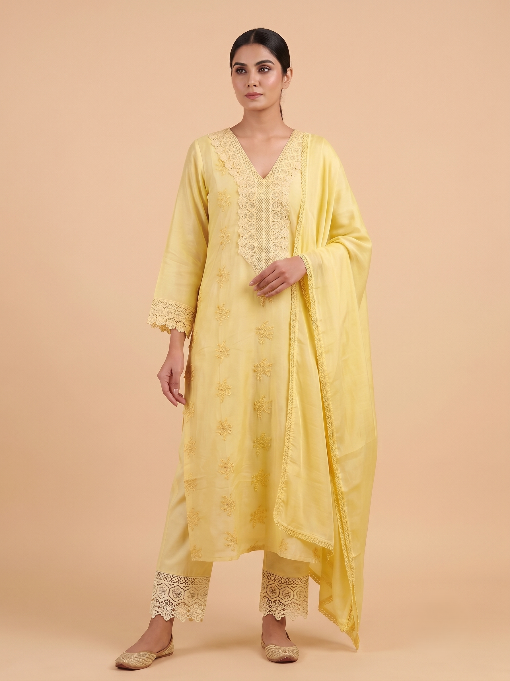 Yellow Floral Patch work Cotton Suit with Dupatta - Set of 3
