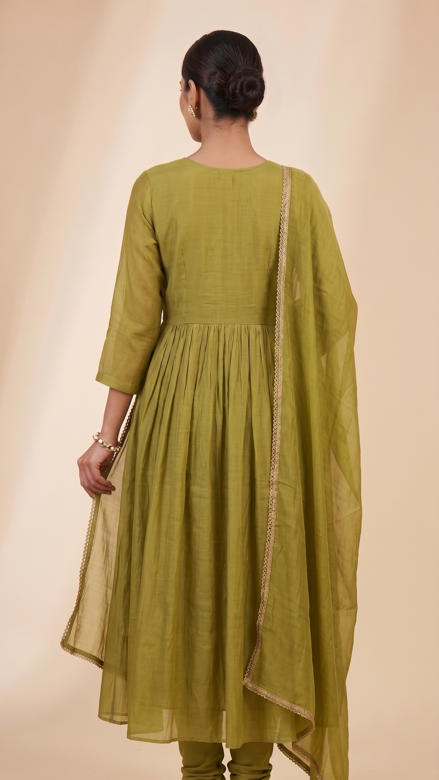 Olive Green Chanderi Floral Embroidery Anarkali suit-set of 3
