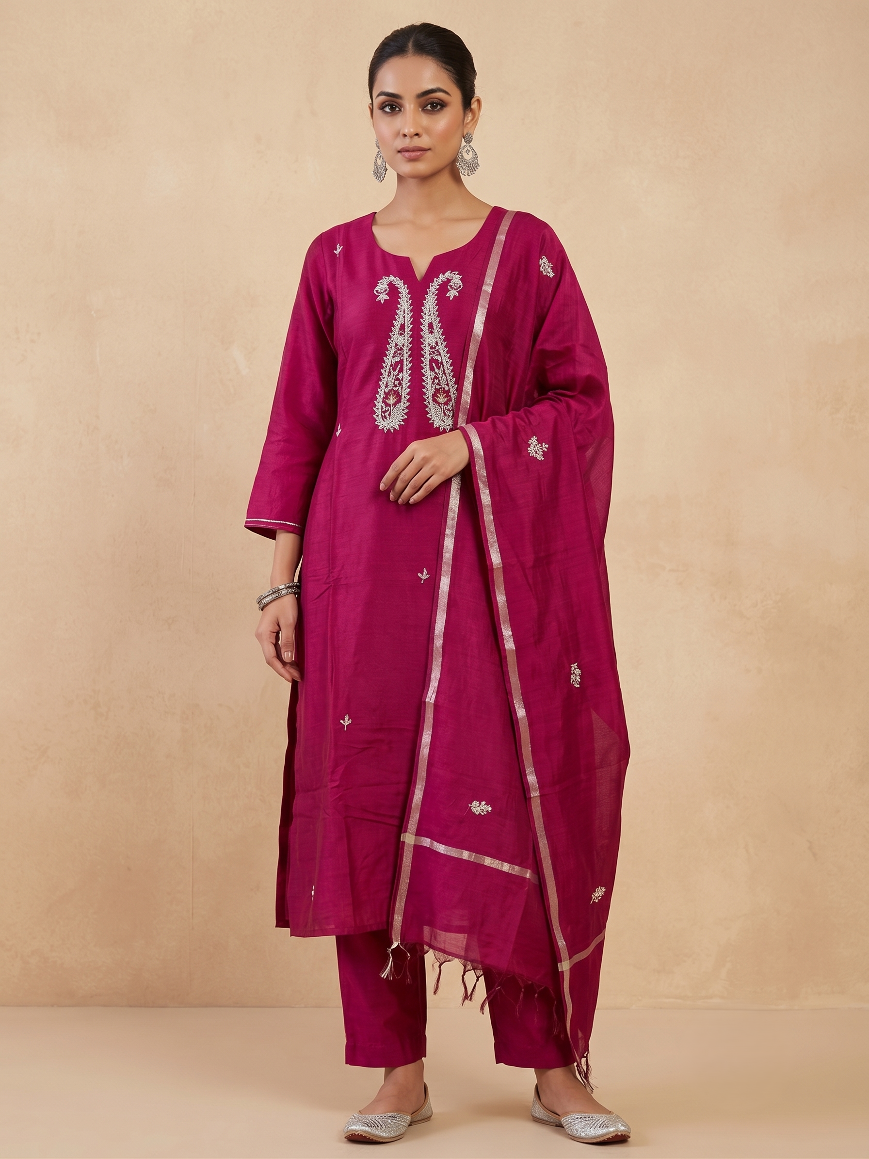 Rani Pink Chanderi Suit with Paisley twin design and Dupatta - Set of 3