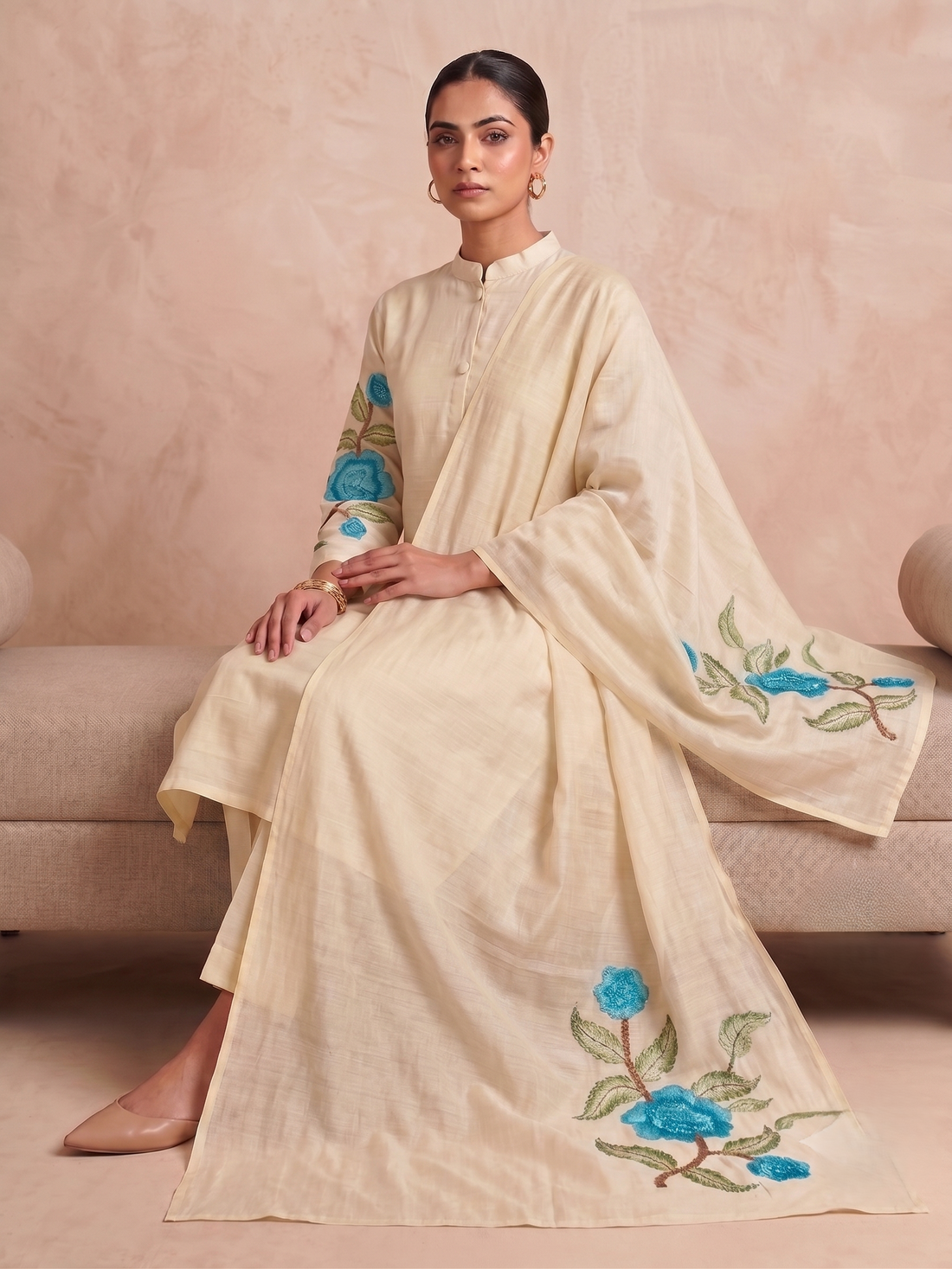 Pista Green Floral Mul Chanderi Suit with Dupatta - Set of 3