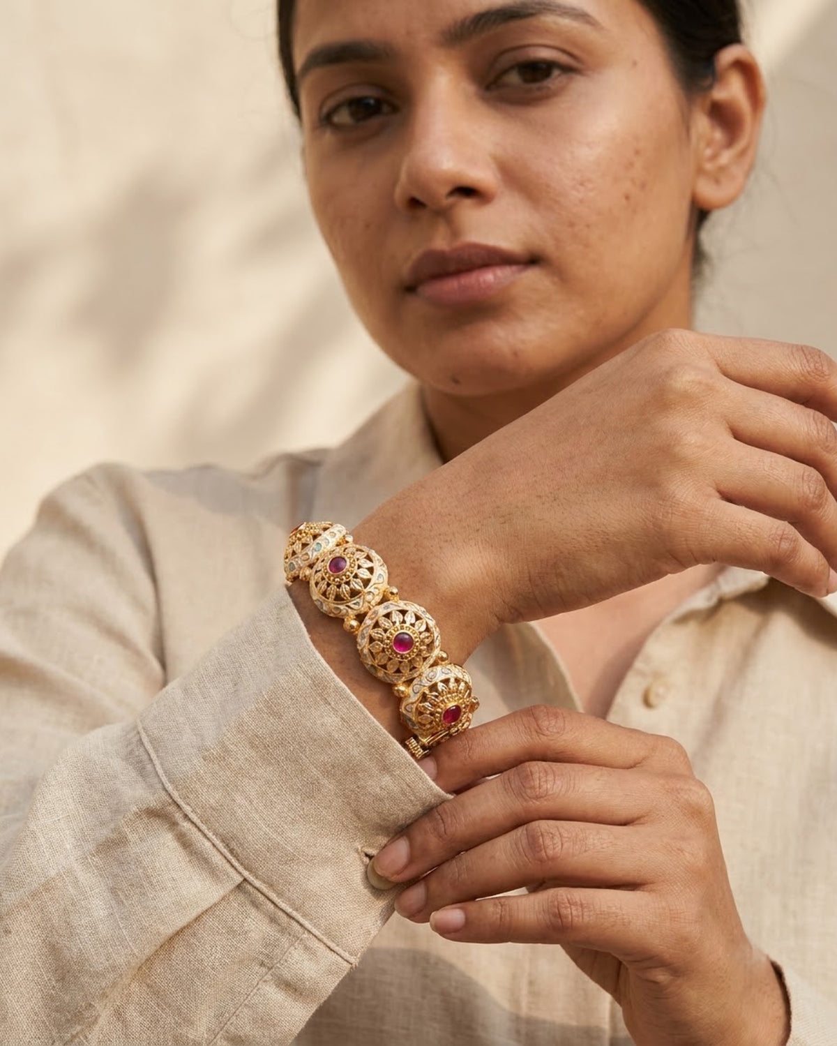 Gold-Plated Meenakari Kada with Stones – Artificial Antique Bangle