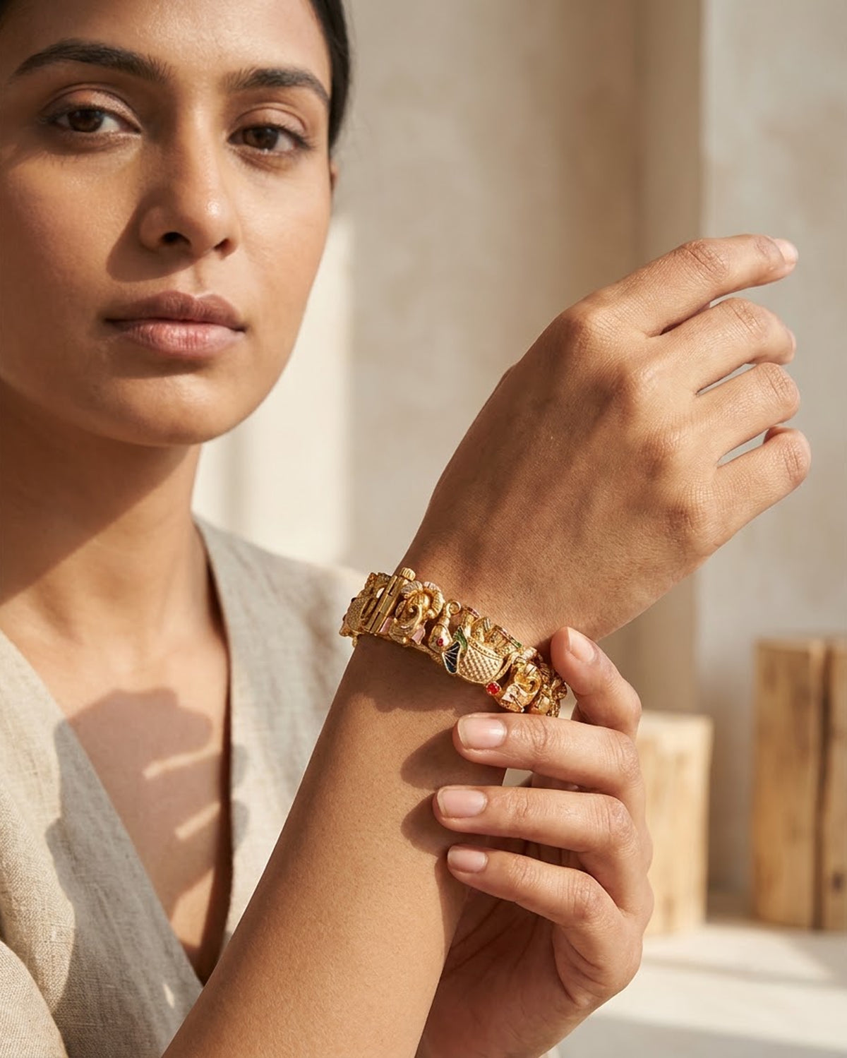 Gold-Toned Elephant Motif Kada with Meenakari Work – Artificial Antique Bangle