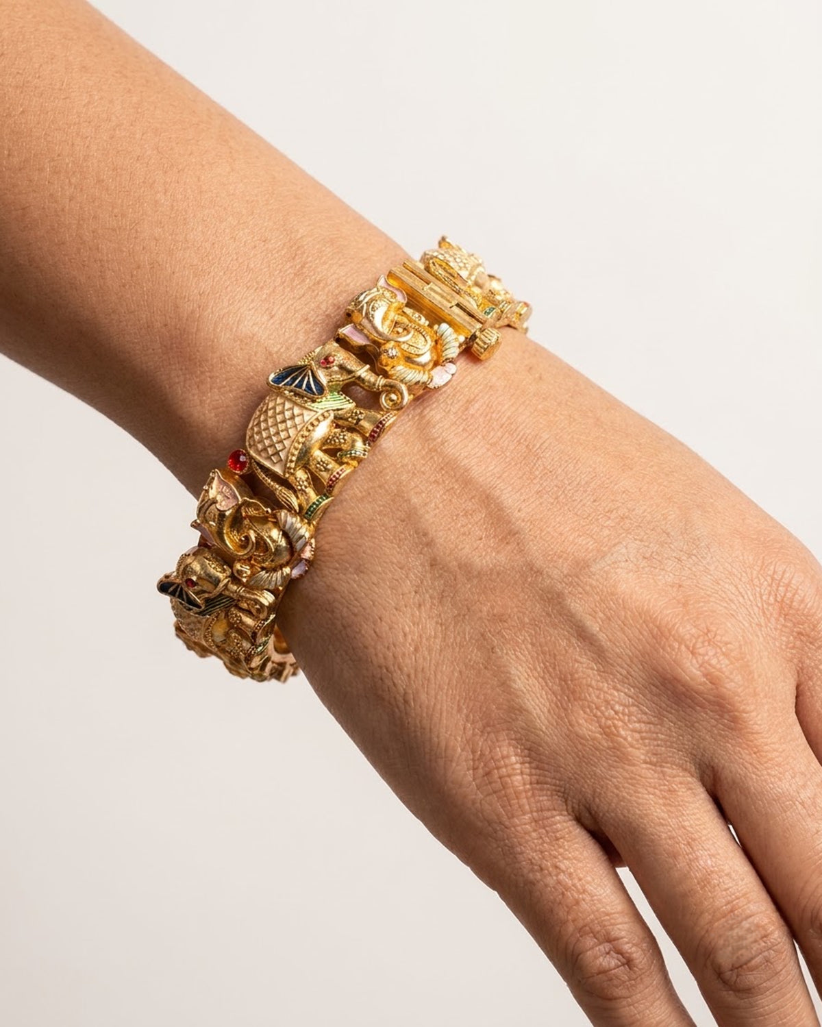 Gold-Toned Elephant Motif Kada with Meenakari Work – Artificial Antique Bangle