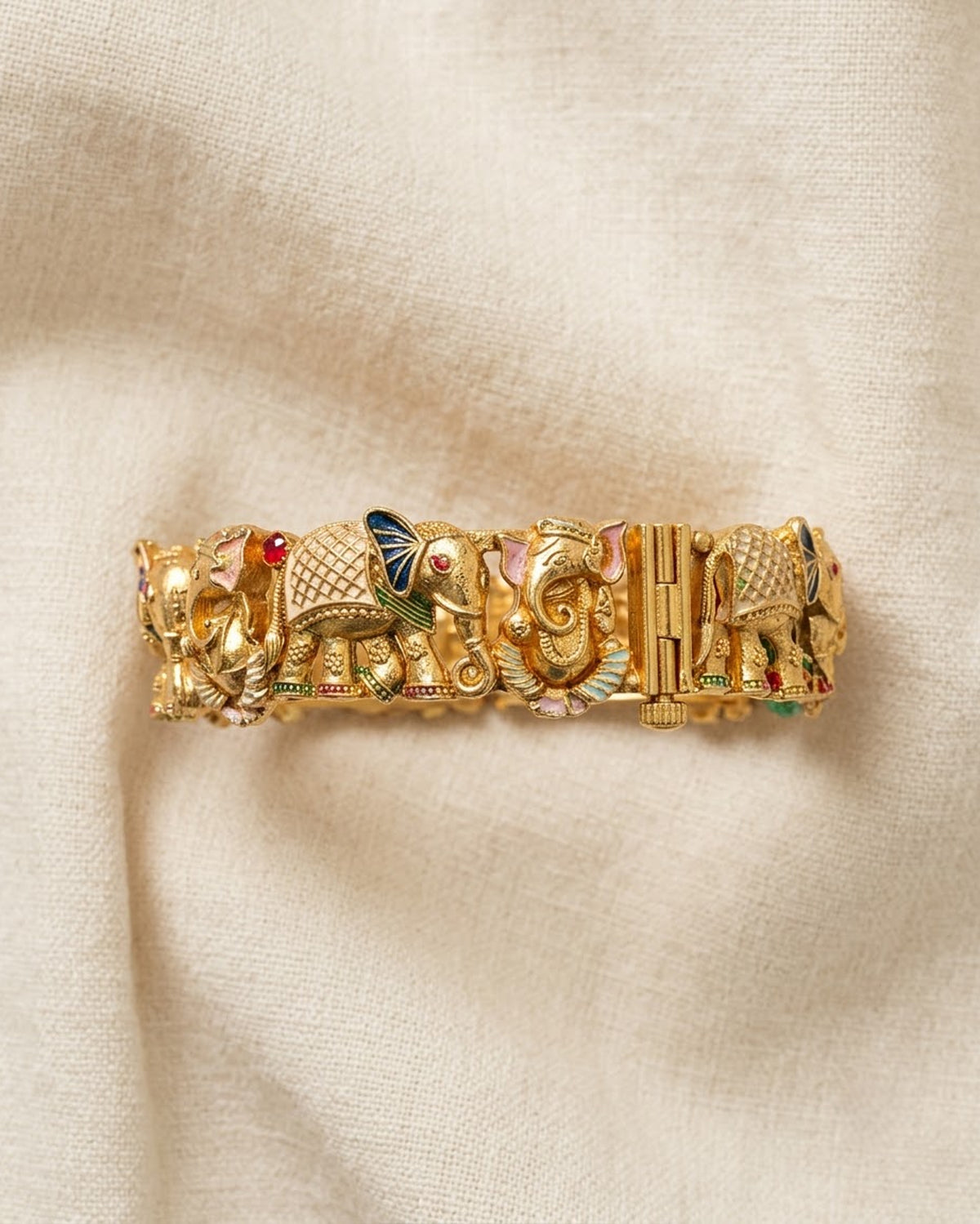 Gold-Toned Elephant Motif Kada with Meenakari Work – Artificial Antique Bangle