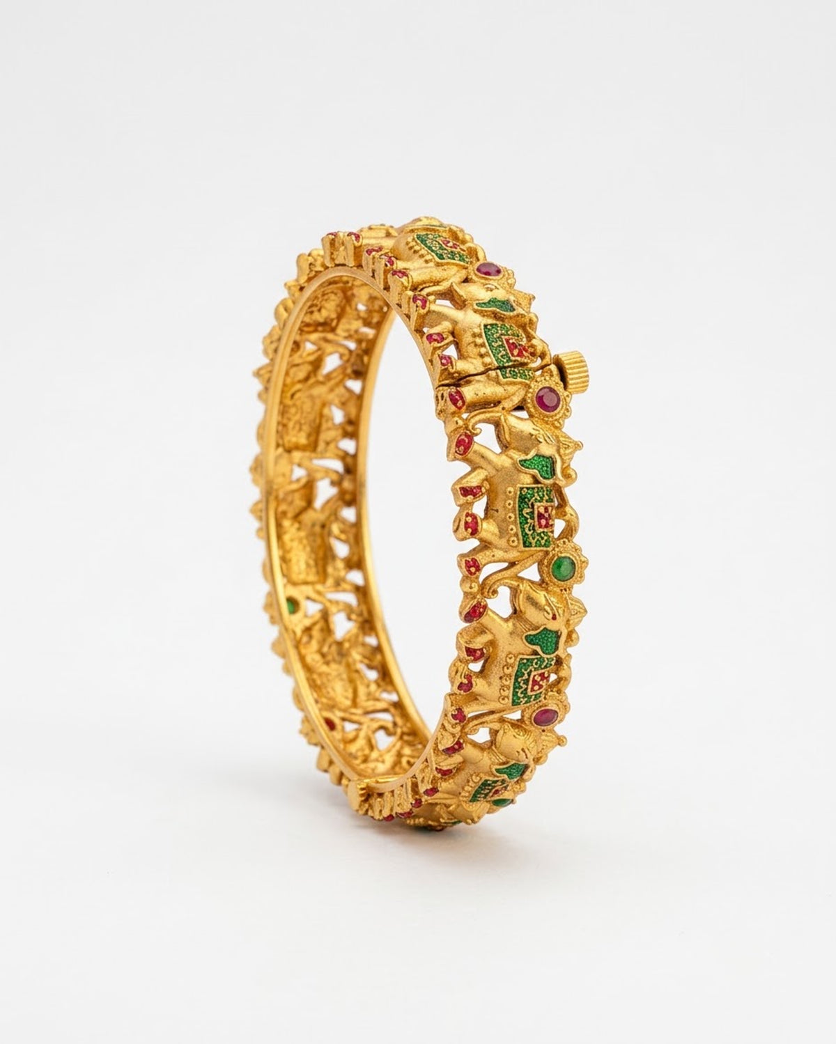 Gold-Toned Elephant Row Kada with Ruby & Emerald Stones – Artificial Antique Bangle