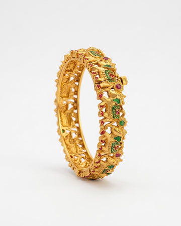 Gold-Toned Elephant Row Kada with Ruby & Emerald Stones – Artificial Antique Bangle