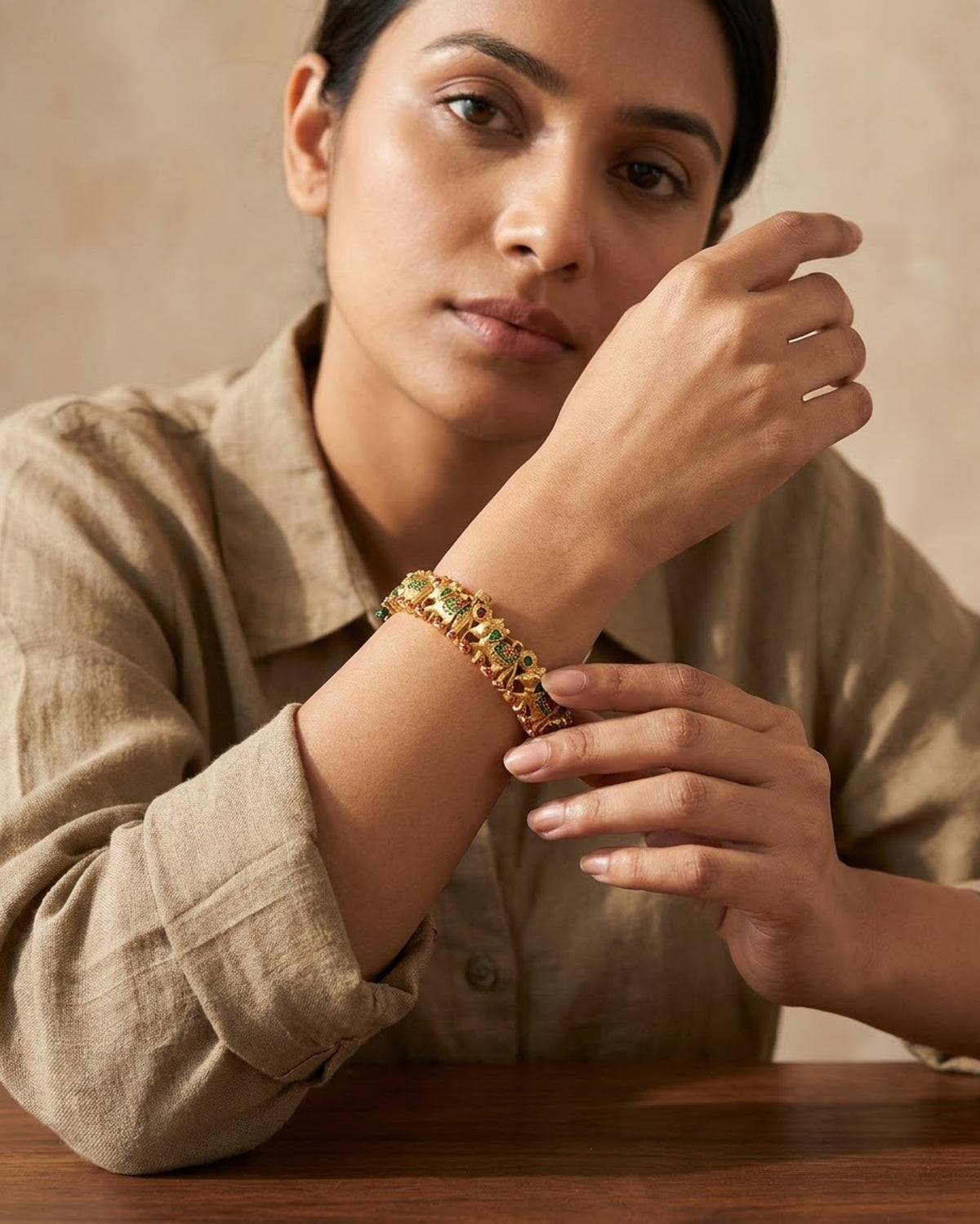 Gold-Toned Elephant Row Kada with Ruby & Emerald Stones – Artificial Antique Bangle