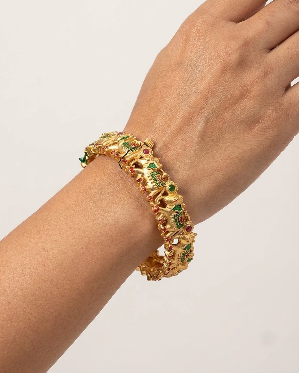Gold-Toned Elephant Row Kada with Ruby & Emerald Stones – Artificial Antique Bangle