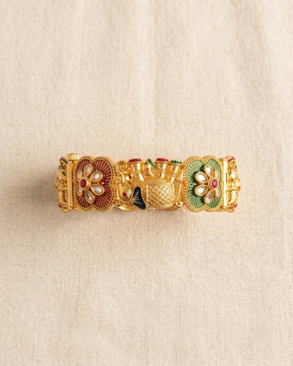 Gold-Toned Elephant & Floral Kada with Kundan Work – Artificial Antique Bangle