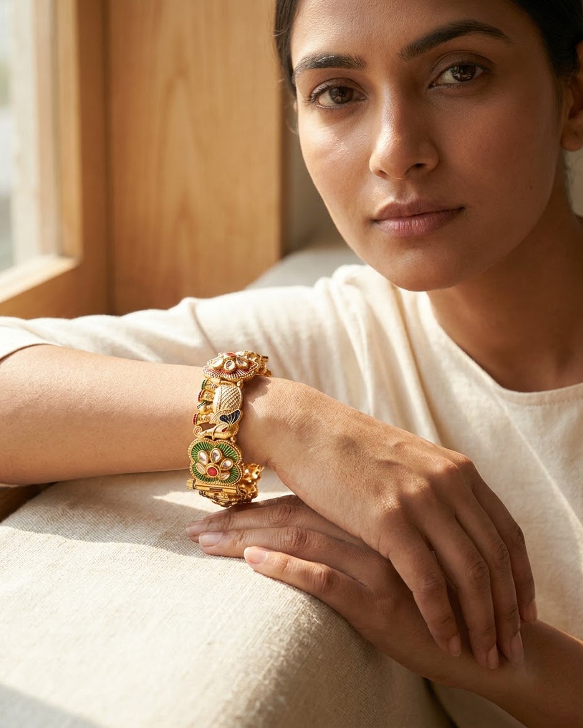 Gold-Toned Elephant & Floral Kada with Kundan Work – Artificial Antique Bangle