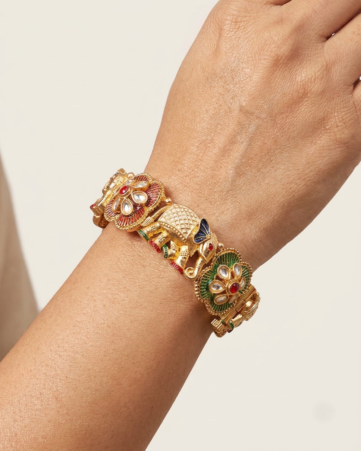 Gold-Toned Elephant & Floral Kada with Kundan Work – Artificial Antique Bangle