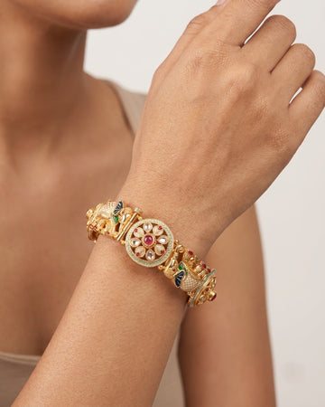 Gold-Toned Elephant & Floral Kada with Kundan Work – Artificial Antique Bangle