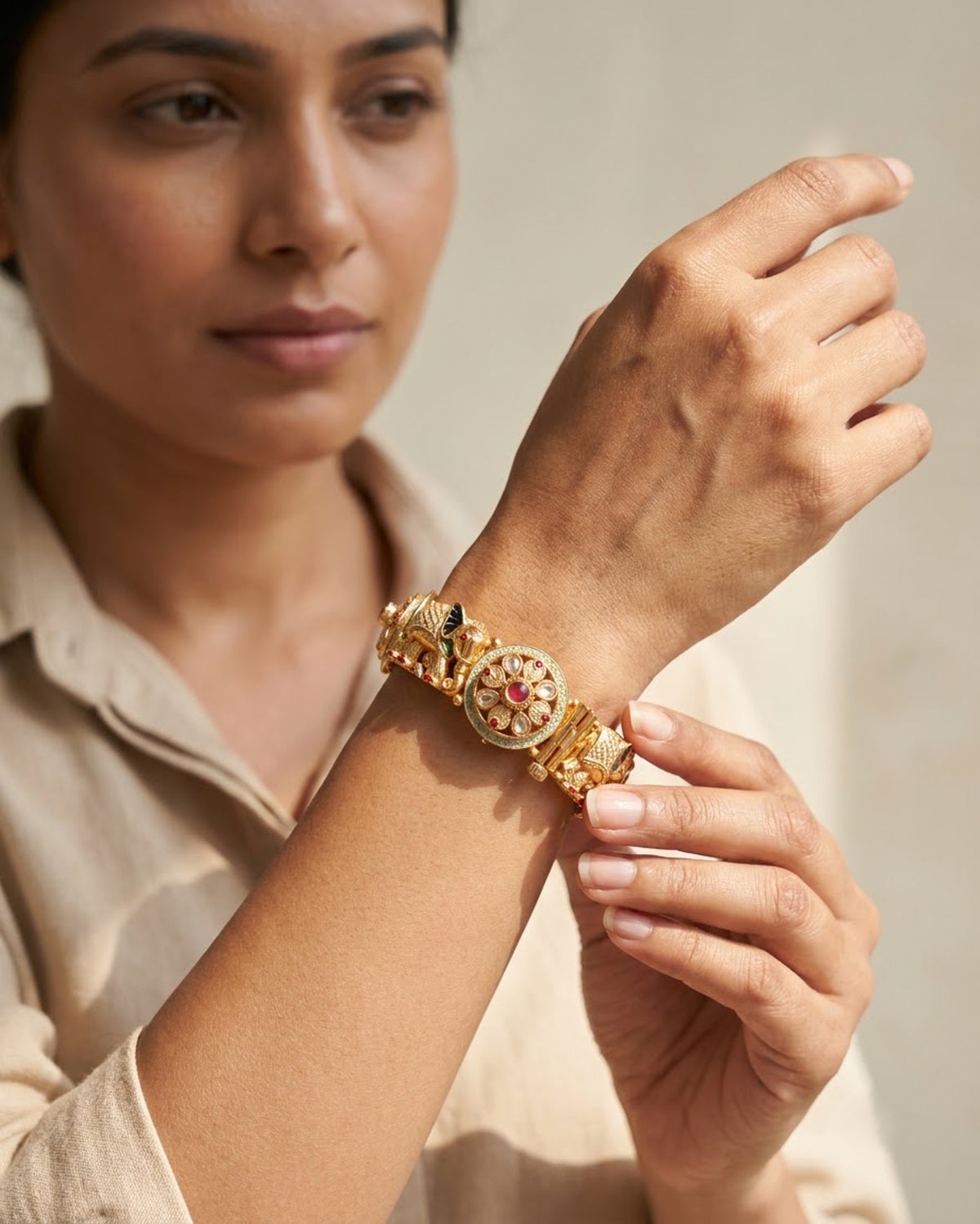 Gold-Toned Elephant & Floral Kada with Kundan Work – Artificial Antique Bangle