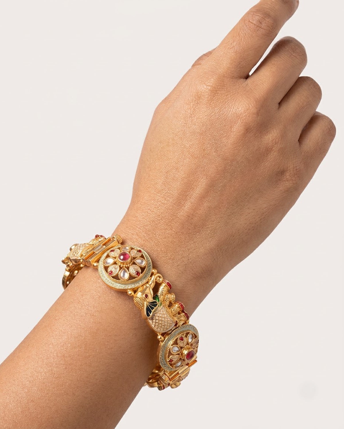 Gold-Toned Elephant & Floral Kada with Kundan Work – Artificial Antique Bangle