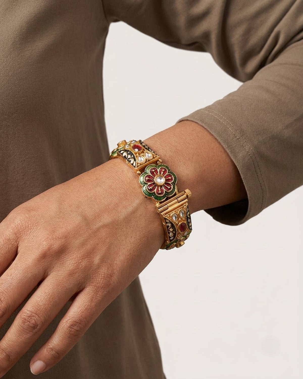 Gold-Toned Meenakari Floral Kada with Kundan Work – Artificial Antique Bangle