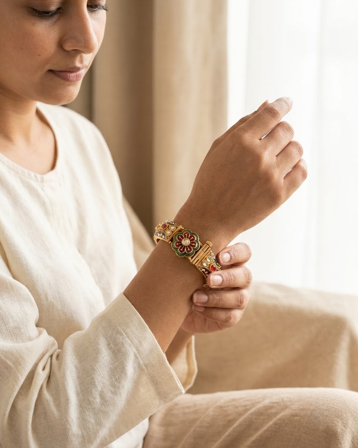 Gold-Toned Meenakari Floral Kada with Kundan Work – Artificial Antique Bangle