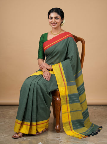 Green Patteda Anchu Handloom Cotton Saree – Ganga Jamuna Border with Yellow Pallu