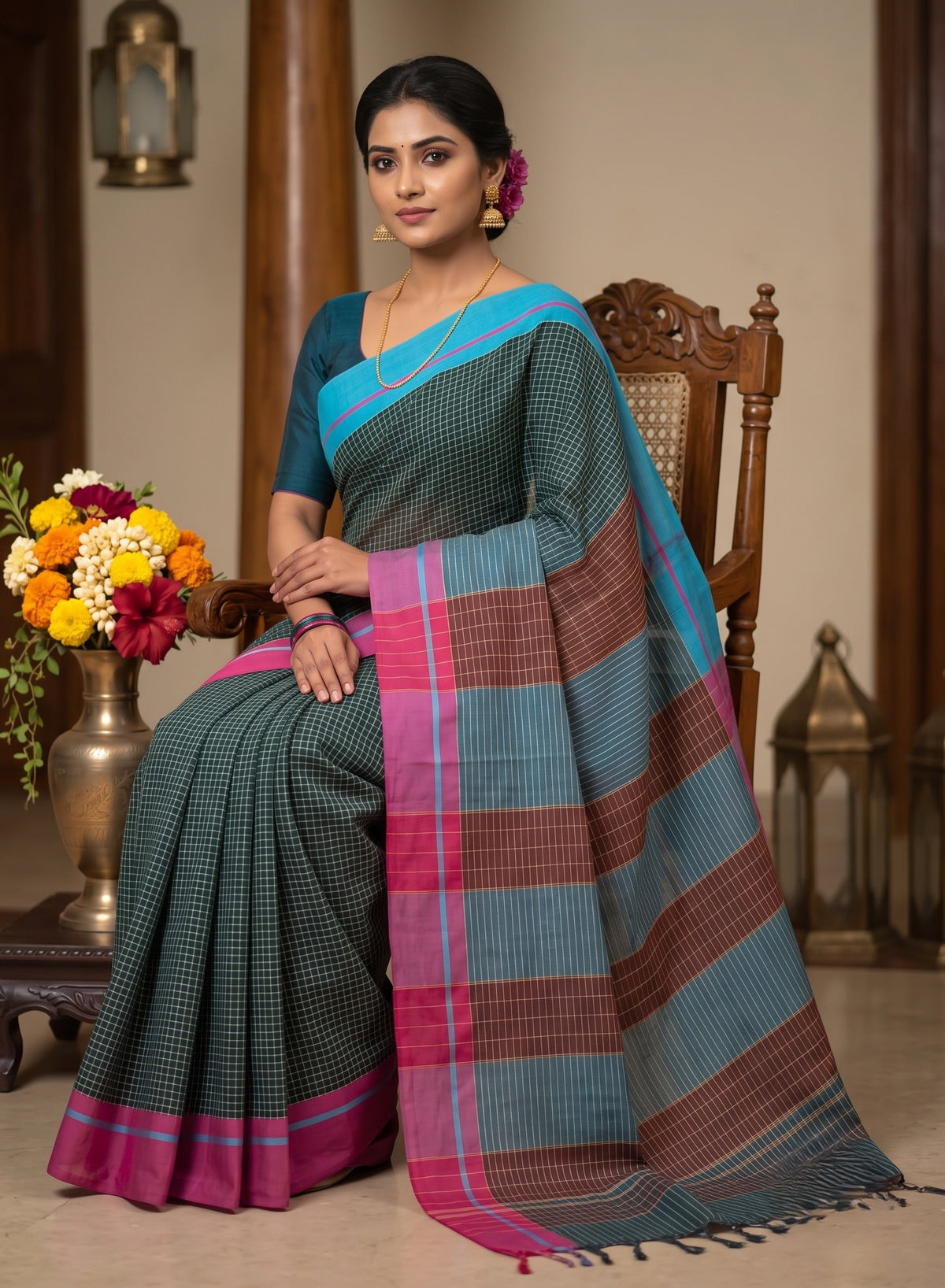 Green Patteda Anchu Handloom Cotton ganga jamuna border Saree – Pink and Blue borders