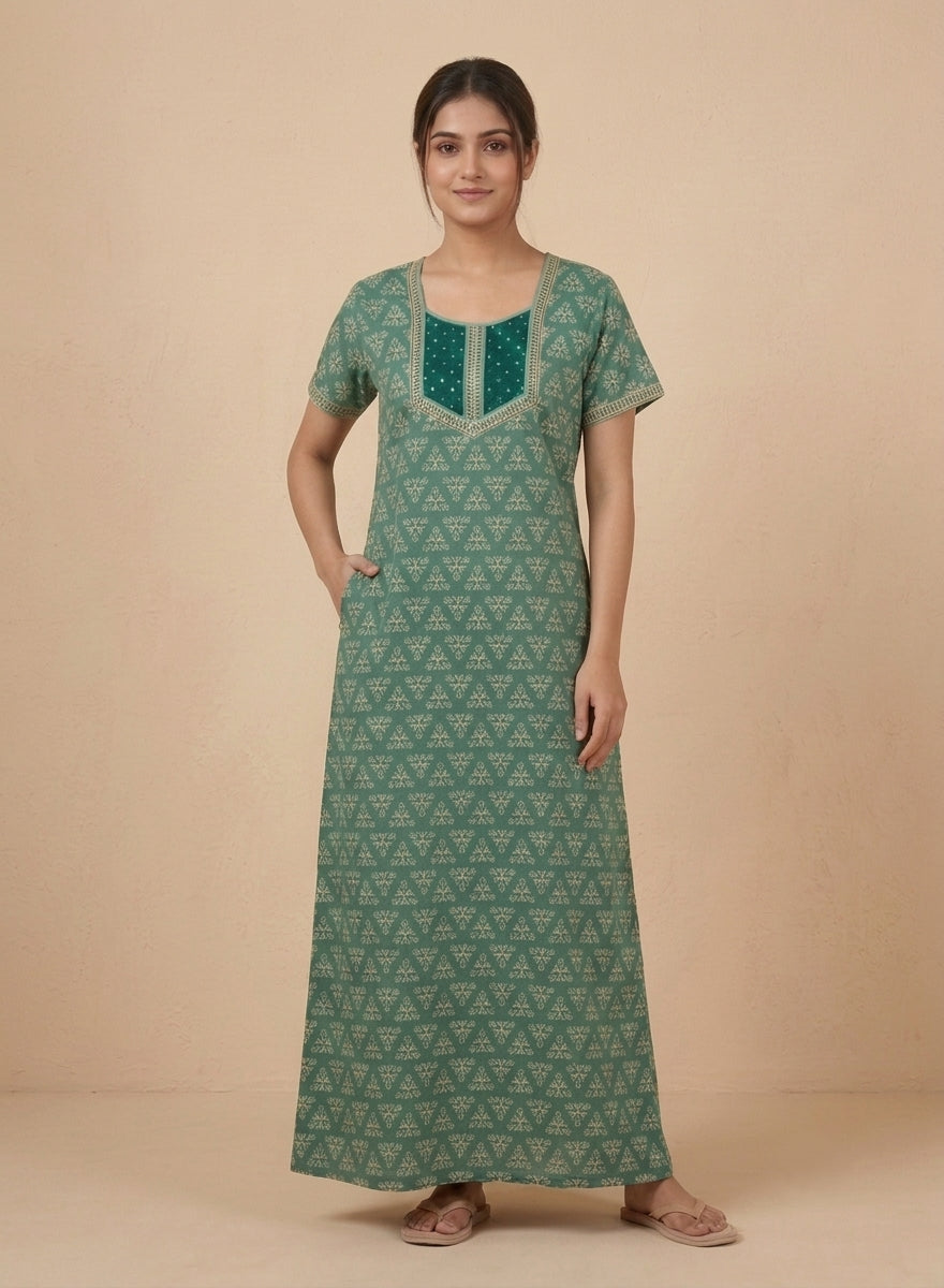 Green Triangle Print Cotton Nighty – Sequin Work Yoke