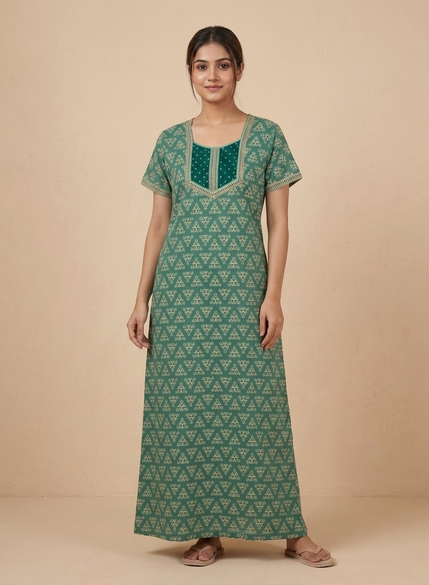 Green Triangle Print Cotton Nighty – Sequin Work Yoke