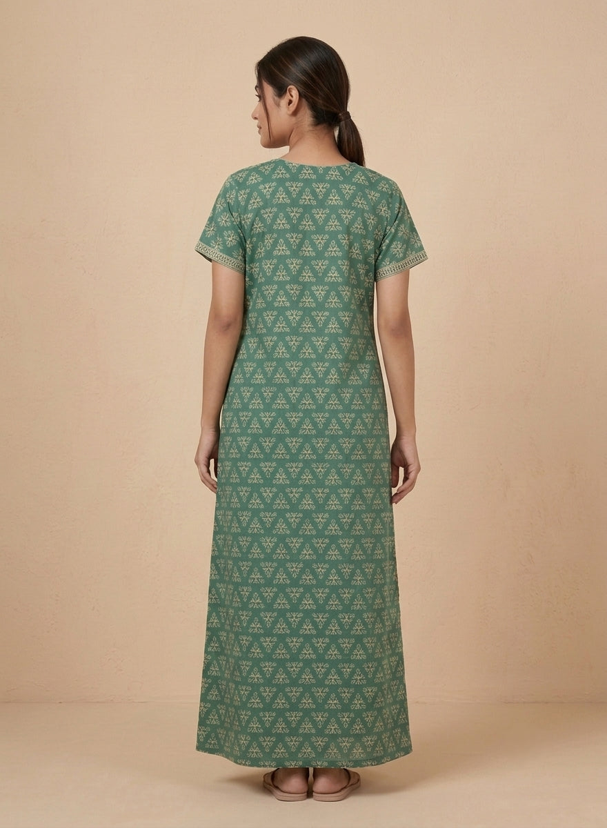 Green Triangle Print Cotton Nighty – Sequin Work Yoke